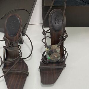 Gucci Dark Brown Strappy Heels with Gem Detail